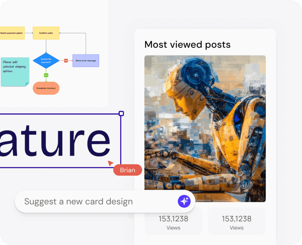 Team collaborating on a shared Visily canvas with AI-powered design, ideation notes, and connected prototypes.