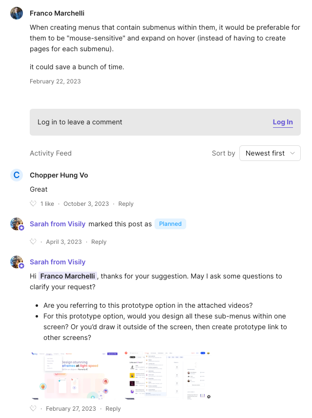 Example of comments section in Canny feedback tool.